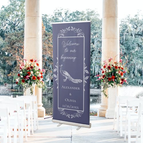 Navy Peacock Flourish Wedding Retractable Banner