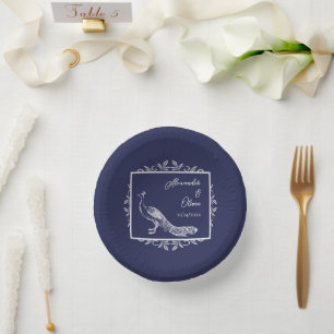 Navy Peacock Flourish Wedding Shower Paper Bowls