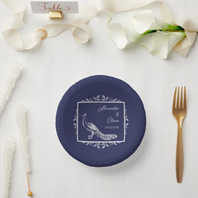 Navy Peacock Flourish Wedding Shower Paper Bowls (Wedding)