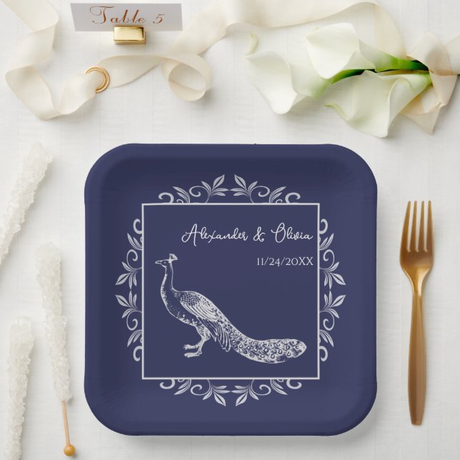 Navy Peacock Flourish Wedding Shower Paper Plates (Wedding)