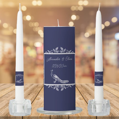 Navy Peacock Flourish Wedding Unity Candle Set