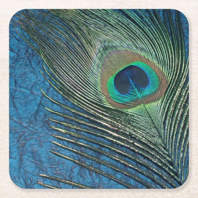 Navy Peacock Square Paper Coaster (Front)