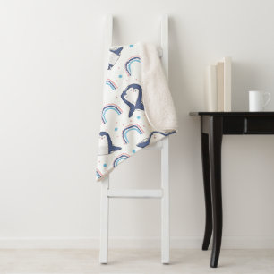 Navy Penguins and Rainbows with Pastel Blue Dots Sherpa Blanket