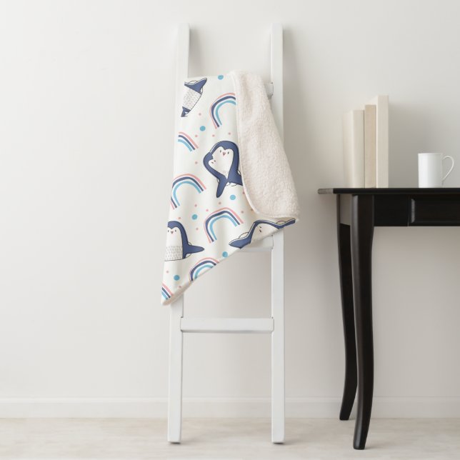 Navy Penguins and Rainbows with Pastel Blue Dots   Sherpa Blanket (In Situ)