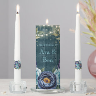Navy Peonies and Turquoise Rose Light Wedding Unity Candle Set