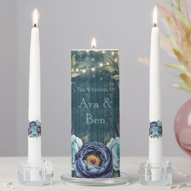 Navy Peonies and Turquoise Rose Light Wedding Unity Candle Set (In Situ)