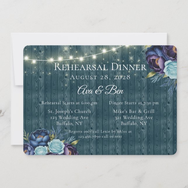 Navy Peonies and Turquoise Rose Rehearsal Dinner Invitation (Front)