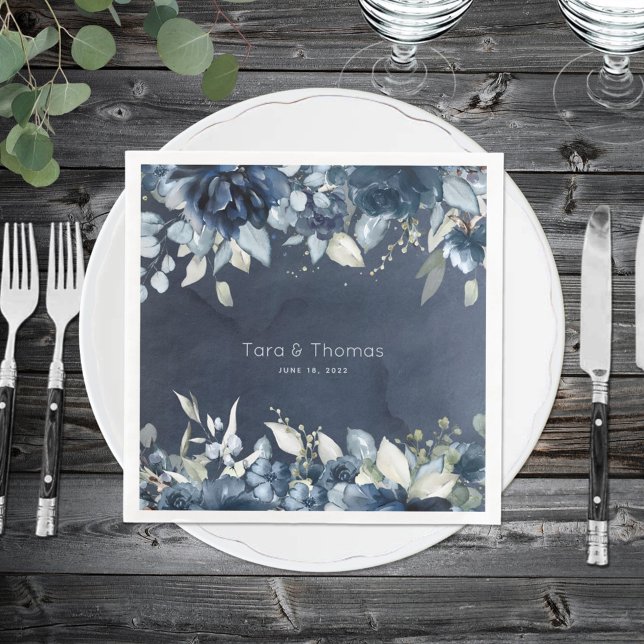 Navy Peonies Dusty Blue Eucalyptus Wedding Paper Dinner Napkins (Creator Uploaded)