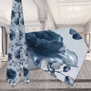 Navy Peonies Dusty Blue Greenery Gray Wedding  Neck Tie