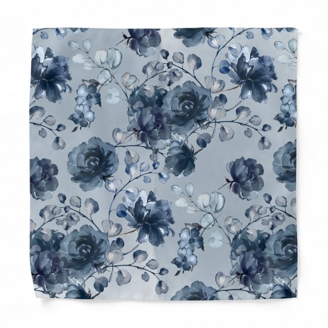 Navy Peonies Dusty Blue Greenery Pocket Square Bandana (Front)