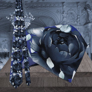 Navy Peonies Dusty Blue Greenery Wedding Neck Tie