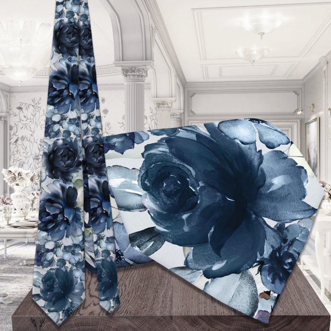 Navy Peonies Greenery Wedding Neck Tie (Creator Uploaded)