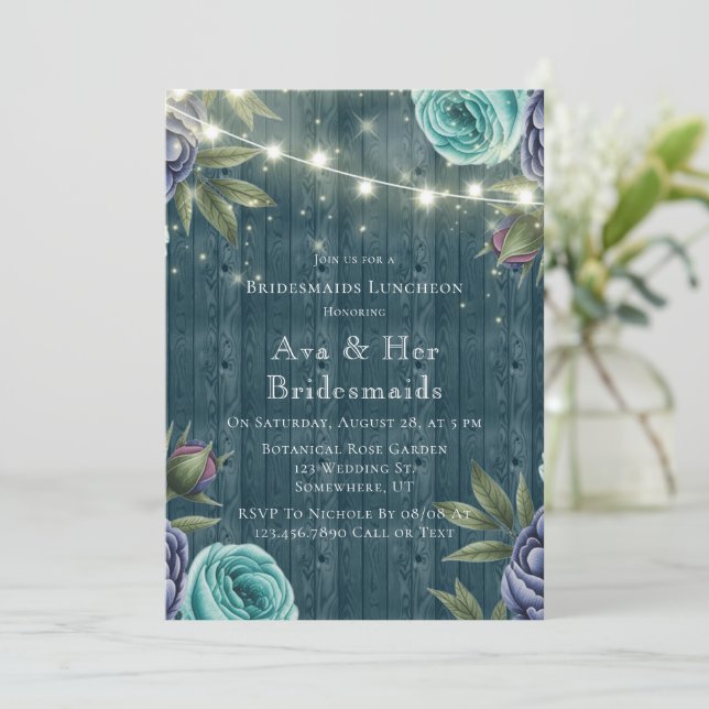 Navy Peonies & Turquoise Rose Bridesmaids Luncheon Invitation (Standing Front)