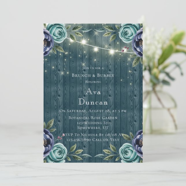 Navy Peonies & Turquoise Rose Brunch & Bubbly Invitation (Standing Front)