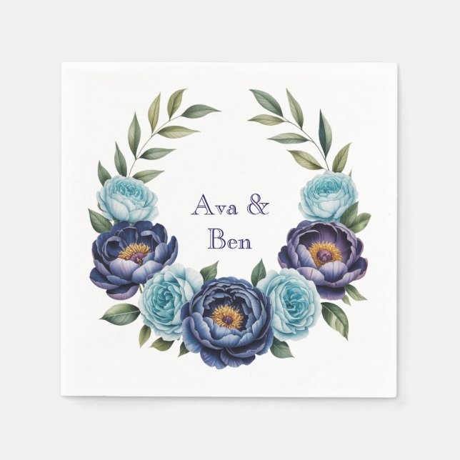 Navy peony and turquoise Roses Floral Wedding Napkins (Front)