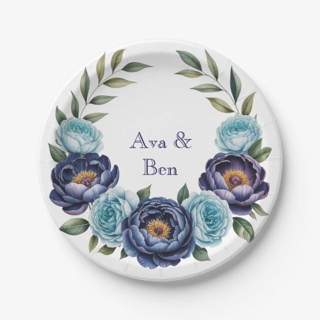 Navy Peony and Turquoise Roses Floral Wedding Paper Plates (Front)