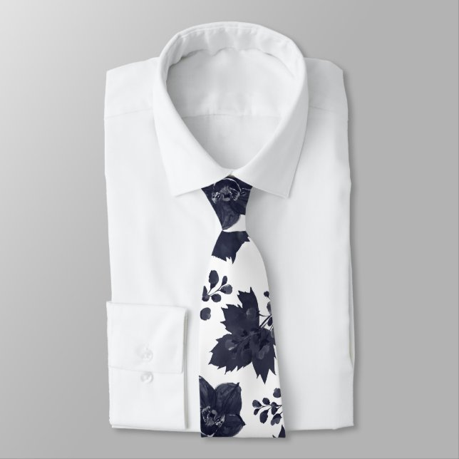 Navy Peony And White Elegant Wedding Neck Tie (Tied)