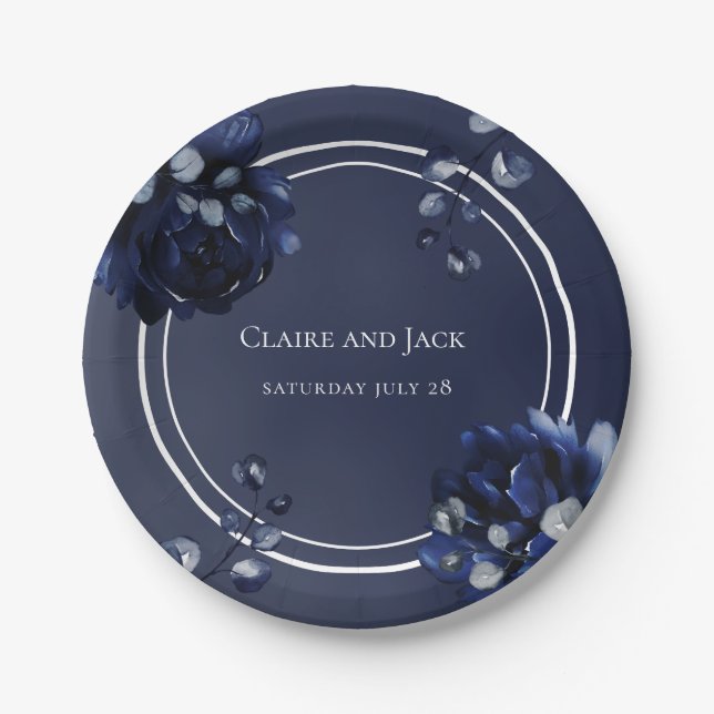 Navy Peony Assembly Wedding 7 Inch Luncheon Paper Plates (Front)