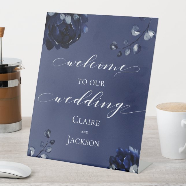 Navy Peony Assembly Welcome To Our Wedding Pedestal Sign (In SItu)