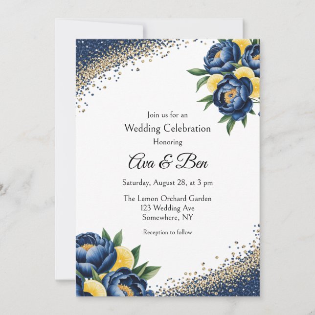 Navy Peony Citrus Paint Floral Wedding Celebration Invitation (Front)
