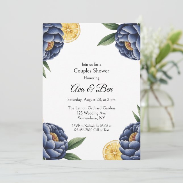 Navy Peony Citrus Painted Floral Couples Shower Invitation (Standing Front)
