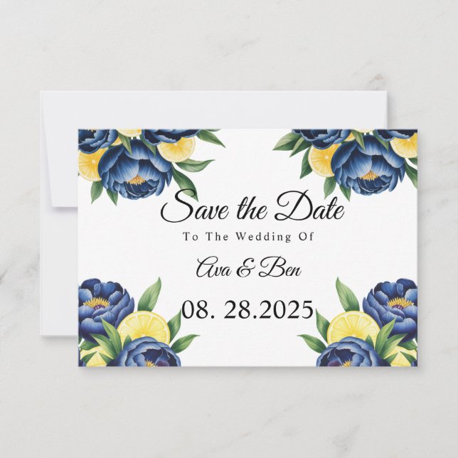 Navy Peony Citrus Painted Floral Wedding Save The Date (Front)