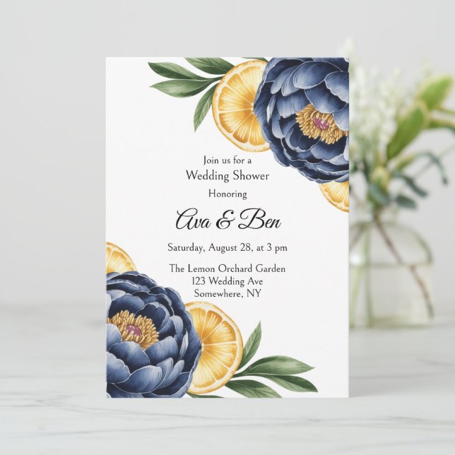 Navy Peony Citrus Watercolor Floral Wedding Invitation (Standing Front)