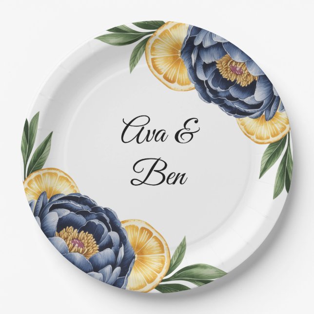 Navy Peony Citrus Watercolor Floral Wedding Paper Plates (Front)