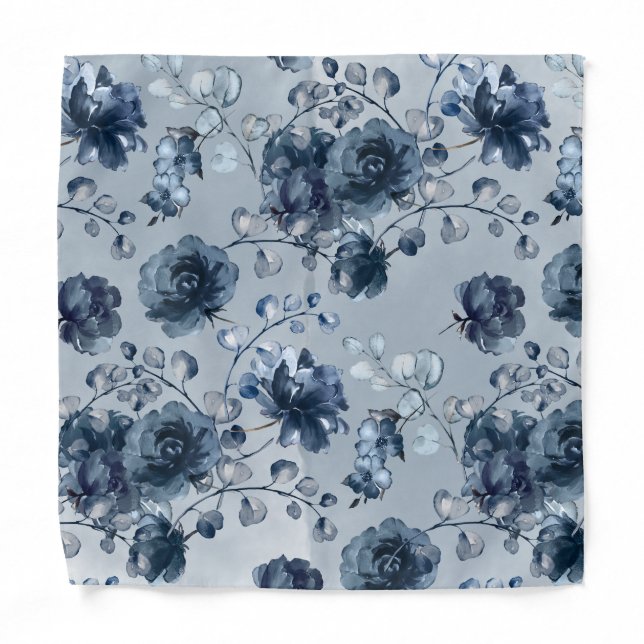Navy Peony Dusty Blue Greenery Pocket Square Bandana (Front)