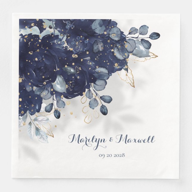 Navy Peony Eucalyptus Gold Splatter Floral Shadow Paper Dinner Napkins (Front)