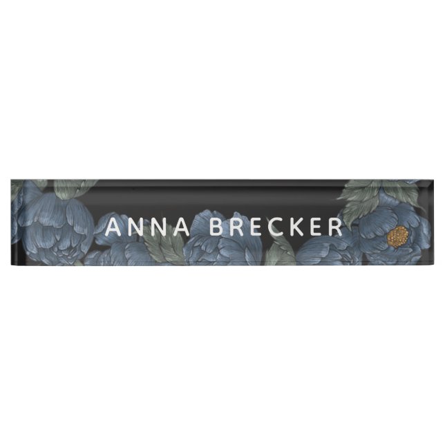Navy Peony Floral Feminine Elegant, Dark Desk Name Plate (Front)