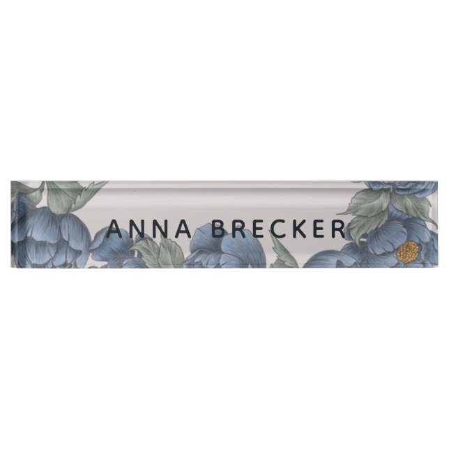 Navy Peony Floral Feminine Elegant Desk Name Plate (Front)