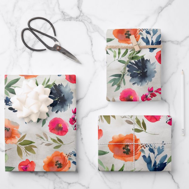 Navy Peony Pink Orange Poppy Garden Wrapping Paper Sheets (Front)