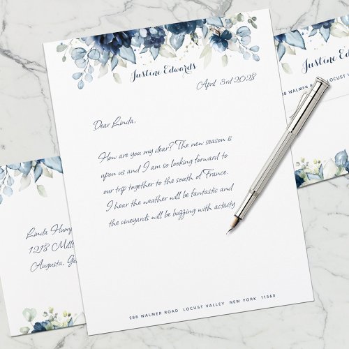 Navy Peony Silver Dusty Blue Eucalyptus Greenery Letterhead