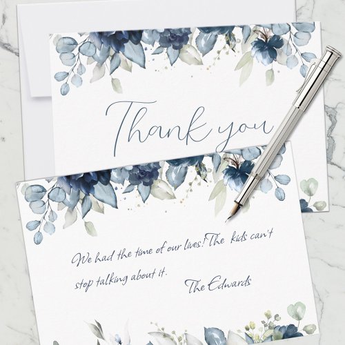 Navy Peony Silver Dusty Blue Eucalyptus Thank You Card