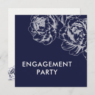 Navy Peony Simple Engagement Party Invitation