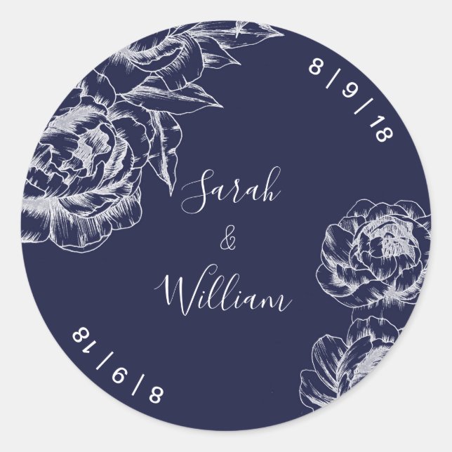 Navy Peony Simple Wedding Sticker (Front)