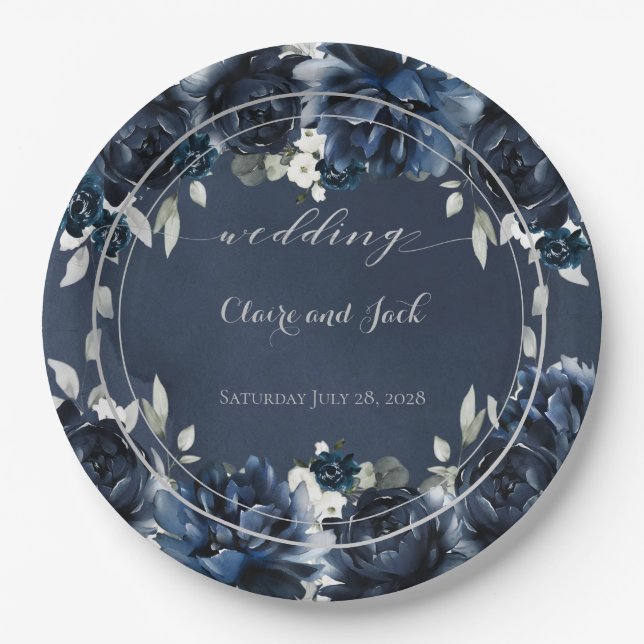 Navy Peony Wedding 9 Inch Dinner Paper Plates (Front)