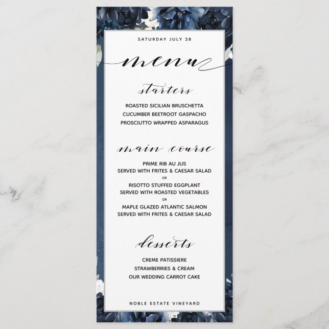 Navy Peony Wedding Customizable Dinner Menu (Front)