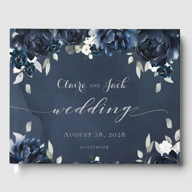 Navy Peony Wedding Guest Book (Front)