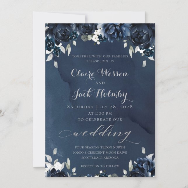 Navy Peony Wedding Invitation (Front)