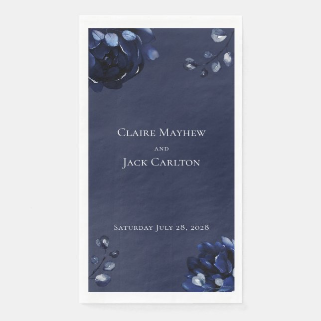 Navy Peony Wedding Long 3 Ply Dinner Napkins (Front)