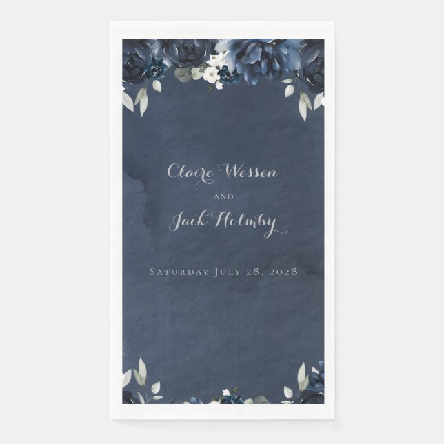 Navy Peony Wedding Long 3 Ply Dinner Napkins (Front)