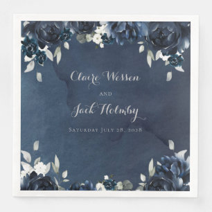 Navy Peony Wedding Square 8" Dinner Napkins