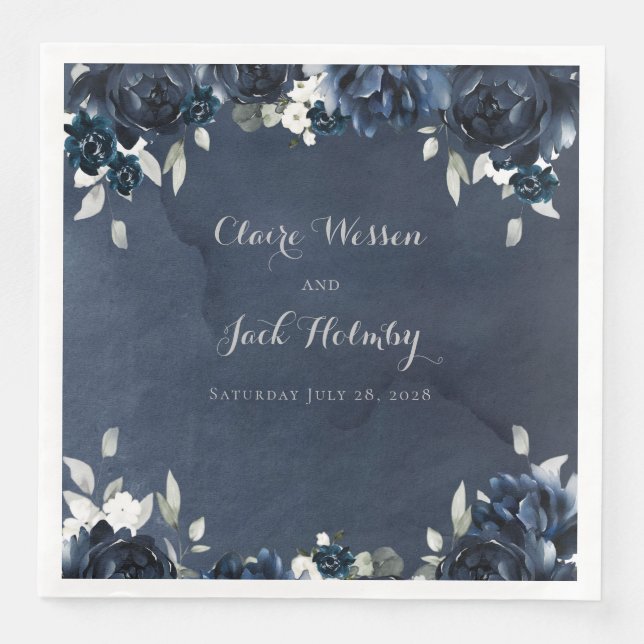 Navy Peony Wedding Square 8" Dinner Napkins (Front)