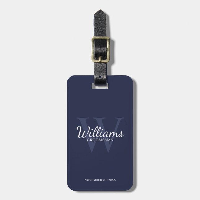 Navy Personalize Groomsmen's name and Monogram  Luggage Tag (Front Vertical)
