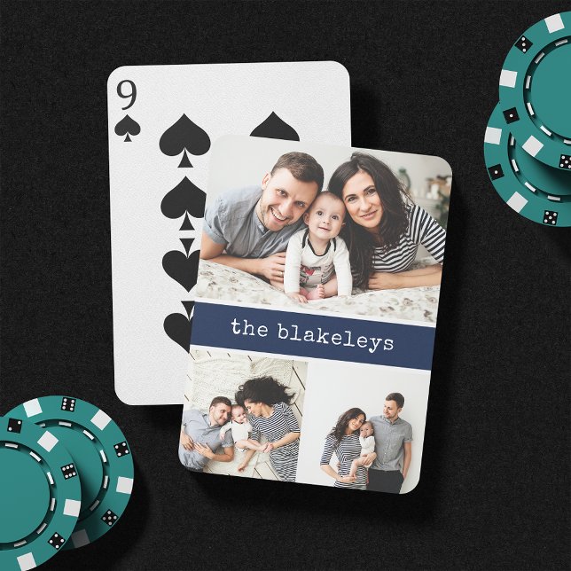 Navy | Personalized Family Name 3 Photo Collage Poker Cards (Creator Uploaded)