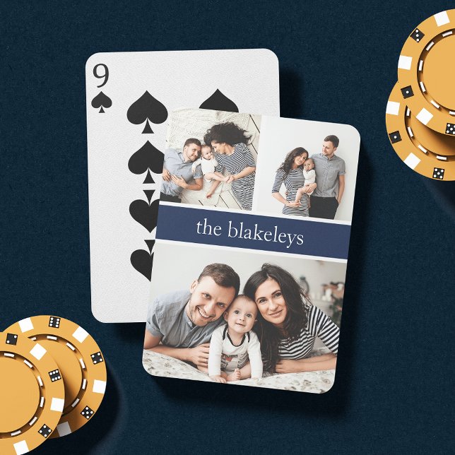 Navy | Personalized Family Name Photo Collage Poker Cards (Creator Uploaded)