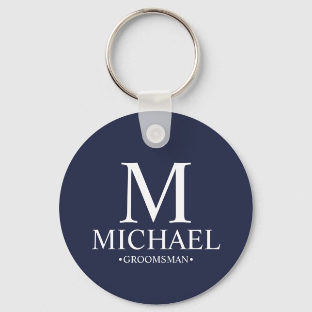 Navy Personalized Groomsman Name and Monogram Keychain (Front)