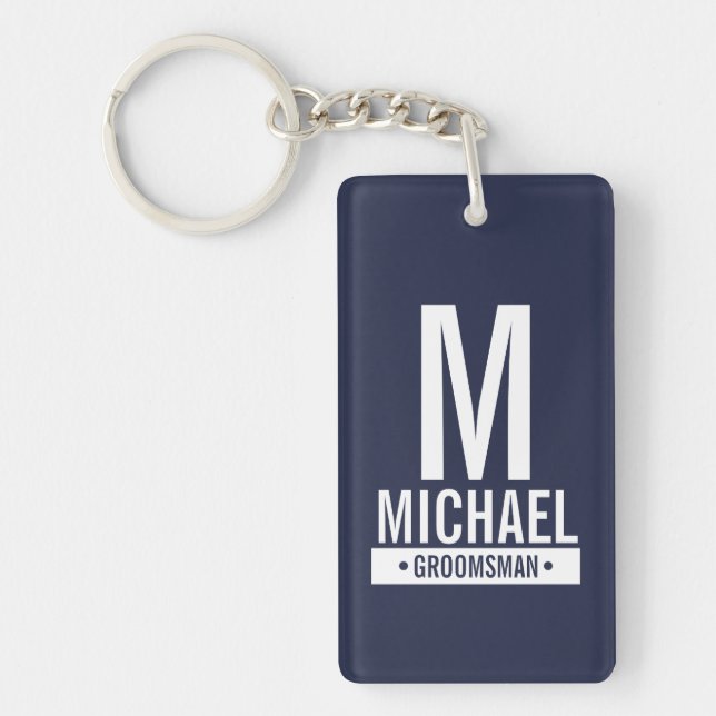 Navy Personalized Groomsman's Monogram and Name Keychain (Front)